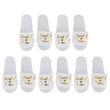 Imagem de QANYEGN 5 Pares De Chinelos Descartáveis, Chinelos De Hotel Com Estampa De Letras, Chinelos Brancos De Pano De Algodão Para Casamento Em Hotel, Festa(Maid of Honor)