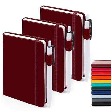 Imagem de feela Pacote com 3 cadernos de bolso com 3 canetas pretas, mini caderno pequeno A6 de capa dura com suporte de caneta para escritório, material escolar, 8,9 cm x 14 cm, vinho