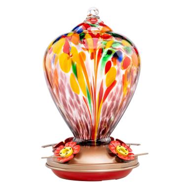 Imagem de Muse Garden Alimentador de beija-flor para ambientes externos, vidro soprado à mão, 1000 ml, contendo fosso de formiga, tulipas roxas