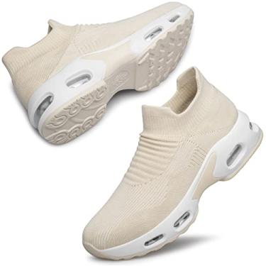 Imagem de DOUSSPRT Tênis feminino de caminhada sem cadarço para senhoras meninas enfermeira malha almofada de ar plataforma mocassins moda casual, Damasco, 5.5
