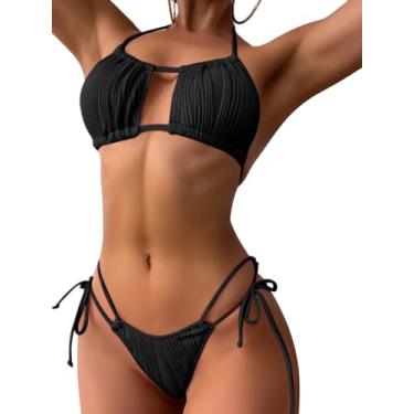 Imagem de TASHEHE Conjunto de biquíni feminino recortado, sexy, com nervuras, duas peças, lindo maiô frente única, Preto, M