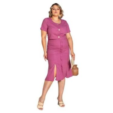 Imagem de CONJUNTO PLUS SIZE TOP CROPPED E SAIA COM FENDAS BOTÕES EM LINHO PREMIUM ELEGANTE-Feminino