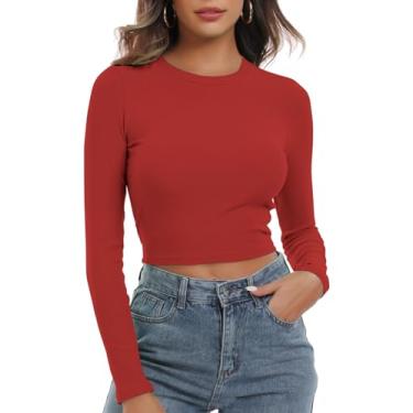 Imagem de NTSWZYS Camiseta feminina básica, gola redonda, manga comprida, malha canelada, justa, caimento justo, casual, Y2k, Nc-vermelho, M