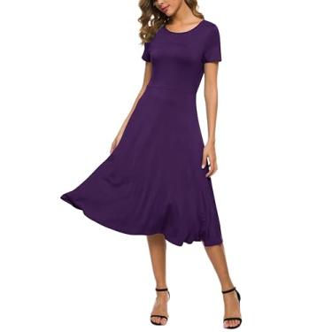 Imagem de Vestido midi feminino casual gola redonda manga curta sólido cintura elástica joelho vestido longo, Roxo, M