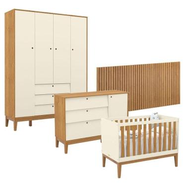 Imagem de Quarto de Bebê Unique 4 Portas com Cômoda Sapateira e Painel Ripado Off White Freijó Eco Wood - Matic