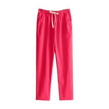 Imagem de Calça cropped feminina casual floral primavera/verão calça feminina algodão linho cintura elástica preta calça capri para mulheres, Rosa choque, 3G