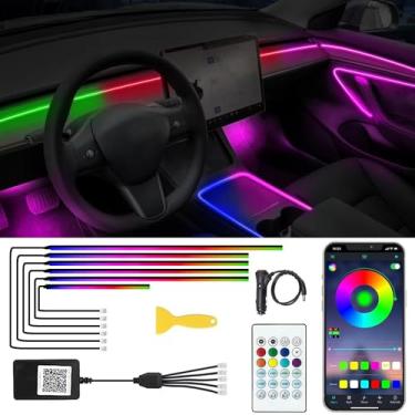 Imagem de Luzes LED internas de acrílico para carro com controle remoto e aplicativo sem fio 6 em 1, kits de iluminação ambiente de fita de fibra óptica, 16 milhões de cores de música e função DIY