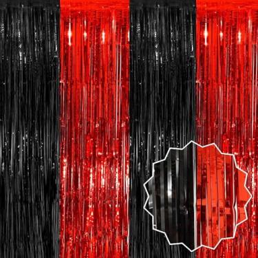 Imagem de Pacote com 6 cortinas de fundo de franja de alumínio preto e vermelho, 9,28 x 9,8 m, decorações de festa, cortinas metálicas para cabine de fotos, Halloween, Natal, aniversário, celebração, evento,