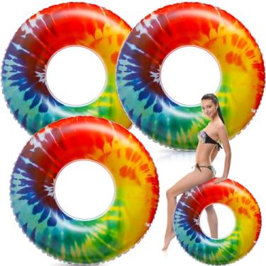 Imagem de Simgoing 3 anéis flutuadores infláveis jumbo, boia de tubo tie dye, 129 cm, boia grande colorida para adultos, arco-íris, brinquedo flutuante para adultos, verão, piscina, praia, festa, suprimentos