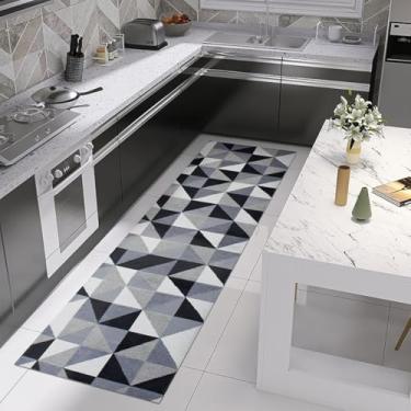 Imagem de Tapete Passadeira Mosaico Geométrico 0,45 x 1,30m Preto Cru Cinza Antiderrapante Emborrachado Artesanal de Tear Jacquard para Cozinha Quarto Corredor Banheiro