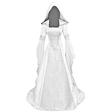 Imagem de Vestido medieval vitoriano para mulheres, fantasia vintage de bruxa renascentista irlandesa de veludo vampiro com capuz espartilho gótico cosplay vestido maxi tema baile de máscaras (branco, P)