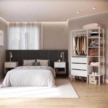 Imagem de Kit Guarda-Roupa Closet com 3 Gavetas e 2 Mesas de Cabeceira - Placa e