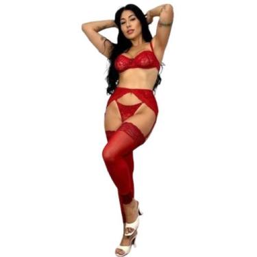 Imagem de Conjunto Lingerie Cinta Liga Feminino De Renda Completo Meia Calça De 