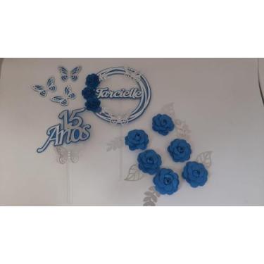 Imagem de Topo de Bolo Flores Festa 15 anos Azul e Prata personalizado - MIWL AR