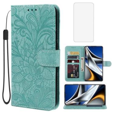 Imagem de Gufuwo Capa para Poco X4 Pro 5G, 2201116PG, capa carteira com protetor de tela de vidro temperado, flor de renda, couro PU, flip com suporte para cartão de crédito, capa para celular para Xiaomi Poco