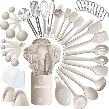 Imagem de Conjunto de utensílios de cozinha de silicone, conjunto de 43 peças de utensílios de cozinha resistentes ao calor, espátula, espátula, conjunto de ferramentas de utensílios de cozinha para panelas antiaderentes, cáqui (máquina de lavar louça, livre de BPA)