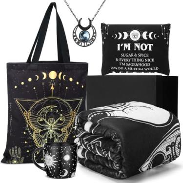 Imagem de Dingion 5 peças de presentes de bruxa para mulheres cobertor gótico ouija astrologia bolsa de lona caneca colar assustador bolsa de maquiagem coisas de bruxa dia dos namorados lembranças assustadoras
