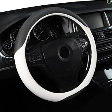 Imagem de Capa de volante de carro de couro de microfibra de 38 cm, ajuste universal, elástica, antiderrapante, respirável e inodoro, cinza e branco