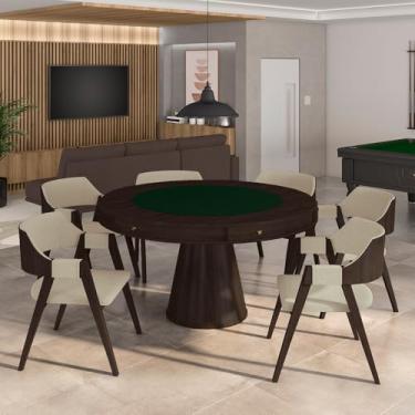 Imagem de Conjunto Mesa de Jogos Carteado Bellagio Tampo Reversível Verde e 6 Cadeiras Madeira Poker Base Cone Linho OffWhite/Capuccino G42 - Gran Belo