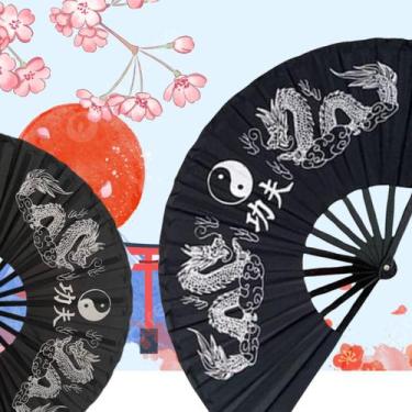 Imagem de Leque  Dragão Preto Dança Kung Fu Chinês Japonês Cosplay - Home Goods