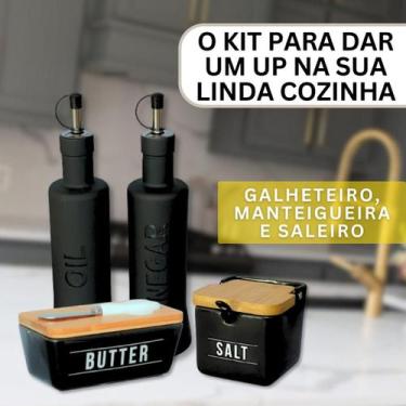 Imagem de Kit Saleiro e Manteigueira Porcelana Tampa de Bambu e Colher + Galhete