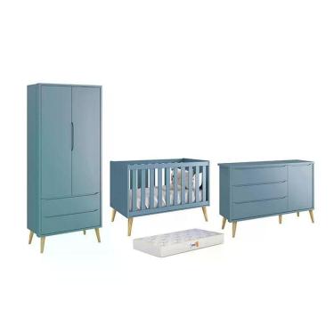 Imagem de Dormitório Theo 2 Portas, Cômoda Com Porta Azul Com Pés Madeira Natural E Colchão D18 Reller Móveis