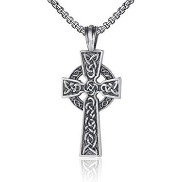 Imagem de EVBEA Colar masculino viking celta nó irlandês serenidade pingente de oração crucifixo joia masculina com cordão de couro genuíno preto (coleção celta - 1), Peltre