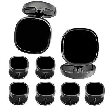 Imagem de Abotoaduras e fechos HAWSON masculinos modernos abotoaduras de pedra e conjunto de piercings de camisa de smoking para acessórios de negócios de casamento regulares Preto