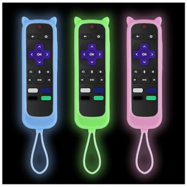 Imagem de Gavyqier Pacote com 3 capas para controle remoto Roku com design de orelhas de gato - capa protetora universal de silicone para Hisense, Onn TV, Express 4K+, Streaming Stick 4K 2021 - Capa com cordões