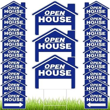 Imagem de Pinkunn Pacote com 21 placas abertas de 30,5 x 40,6 cm, placas de venda de imóveis de dupla face, placas de setas direcionais para venda de propriedades resistentes com 21 peças de estacas de metal H para suprimentos de agentes imobiliários ao ar livre (azul)