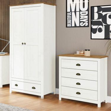 Imagem de Conjunto Quarto Guarda-Roupa 2 Portas, Cômoda 4 Gavetas Branco/Freijó Topázio Madeira P...
