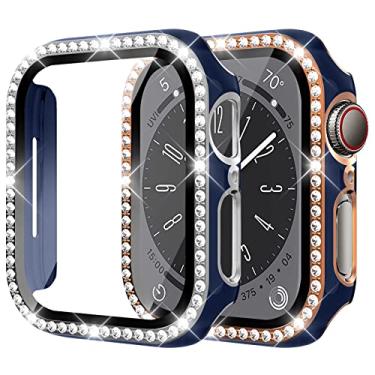 Imagem de Pacote com 2 capas de diamante para Apple Watch 9 8 7 45 mm, moldura com proteção de tela de vidro temperado para mulheres iWatch Series 9 8 7 acessórios, azul-prata/azul-ouro rosa