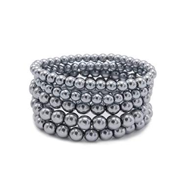 Imagem de T-Doreen Conjunto de pulseira de pérolas de 5 fileiras para mulheres e meninas com contas elásticas, One Size, Pérola, vidro, Na