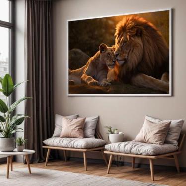 Imagem de Quadros decorativos com Moldura Sala Quarto Leoa e Leão Por do Sol  Gr