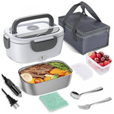 Imagem de Marmita Elétrica Portátil 1,5L com Garfo, Colher e Bolsa para Transporte, 12V 1110V 60W, Vabaso, Cinza