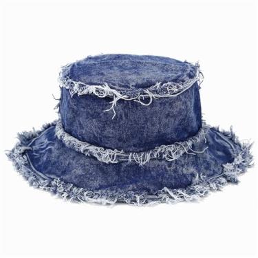 Imagem de Vintagel Chapéu balde jeans lavado envelhecido embalável chapéus de sol de praia para homens e mulheres boné de pescador de verão para viagem, Azul, tamanho �nico