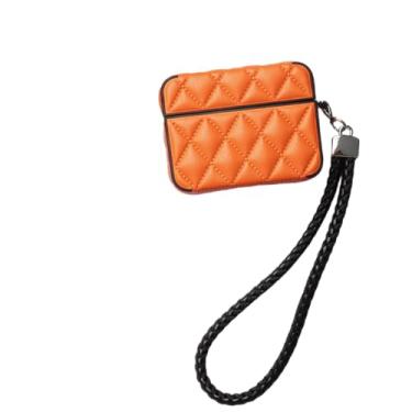 Imagem de Capa de fone de ouvido para AirPods 4, elegante clássico diamante PU superfície de couro capa de silicone macio, capa protetora para AirPods 4 capa protetora para fones de ouvido + cordão - laranja