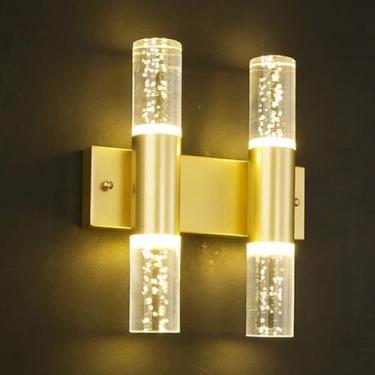 Imagem de Elegante arandela de cristal LED dourada tubo longo vidro banheiro penteadeira luz 3000K/6000K, moderna lâmpada de parede bolha cristal arandelas modernas de alumínio com fiação dourada ilum