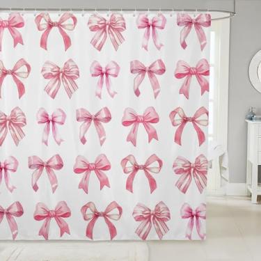 Imagem de Cortina de banho com laço rosa, cortina de chuveiro feminina estilo princesa para crianças e meninas, cortina de chuveiro com laço 3D, tecido impermeável rosa branco aquarela com ganchos para barracas
