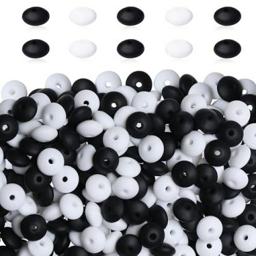 Imagem de QINJIEJIE 200 peças de contas de lentilha de silicone, espaçador solto de contas focais de 12 mm para canetas, contas de silicone preto e branco a granel para chaveiro, pulseira, colar, artesanato