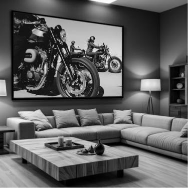 Imagem de Quadro Decorativo com Moldura Sala 90x60 Motos Harley Preto e Branco Luxo Grande Horizontal