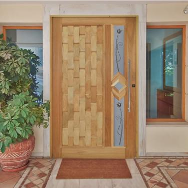 Imagem de Kit Porta de Madeira Pivotante 210x102cm Batente 14cm Fechadura 803 Rolete Externa Com Visor Hale