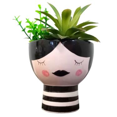 Imagem de Arranjo Vaso Cachepot Faces Cerâmica C/Folhagem 17x14cm