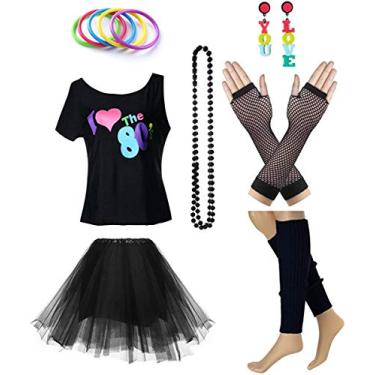 Imagem de Camiseta feminina I Love The 80's Acessórios de roupa dos anos 80 (C / GG, preto), Preto, Large/X-Large