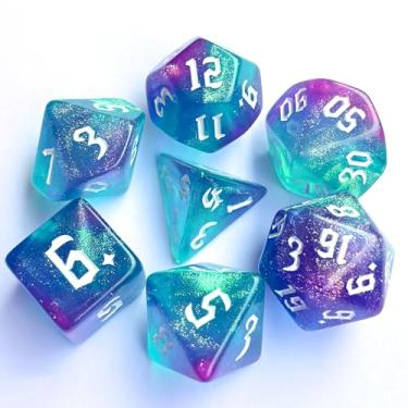 Imagem de Galaxy DND Dice 7Pieces, Glitter Sparkle Cosmic Green Purple Mixed Polyhedral DND Dice for RPG MTG Table Game Dice