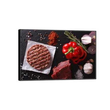 Imagem de Impressão de arte de parede em tela de cozinha - imagens de sala de jantar decoração de parede-carne 24-moldura preta pintura natureza morta pôster vintage pronto para pendurar 70 x 105 cm 27 x 41 pol