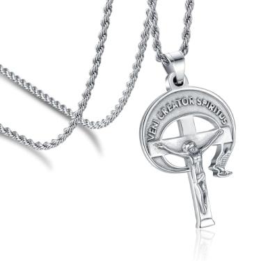Imagem de HH.ChainLKS Colar de cruz de Jesus Cristo de aço inoxidável religioso INRI Veni Creator Spiritus Crucifixo para homens e mulheres corrente de 61 cm joia de amuleto católico presente, Large, Aço