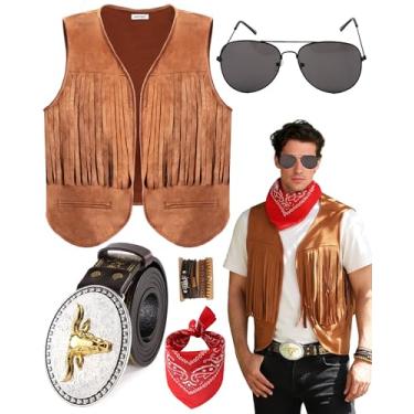 Imagem de PARTTELY Fantasia masculina de caubói ocidental, colete de caubói, fivela e cinto acessórios para festa de cosplay de Halloween, Marrom, G