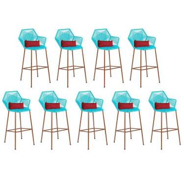 Imagem de Kit 09 Banqueta Alta Sttar Ferro Bronze Fibra Azul Turquesa Almofada Corino Vermelho - Amey Decor