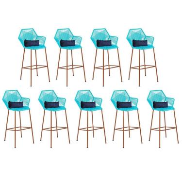 Imagem de Kit 09 Banqueta Alta Sttar Ferro Bronze Fibra Azul Turquesa Almofada Azul Marinho - Amey Decor